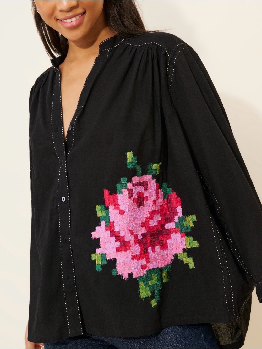 Black handloom 100% cotton rose applique oversized shirt top-Payal Pratap-S